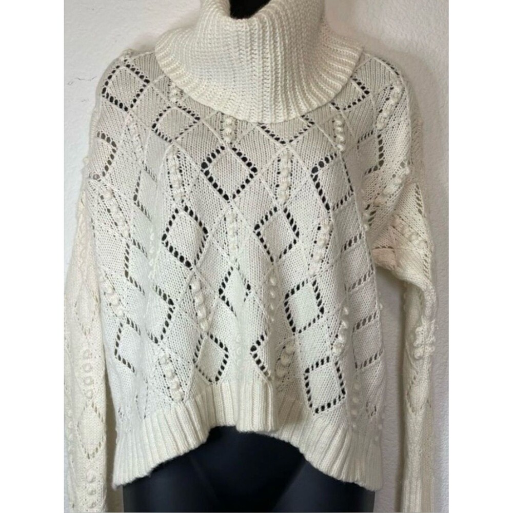 LOFT Ivory Cable Knit Turtleneck Sweater | Open Knit | Size Small